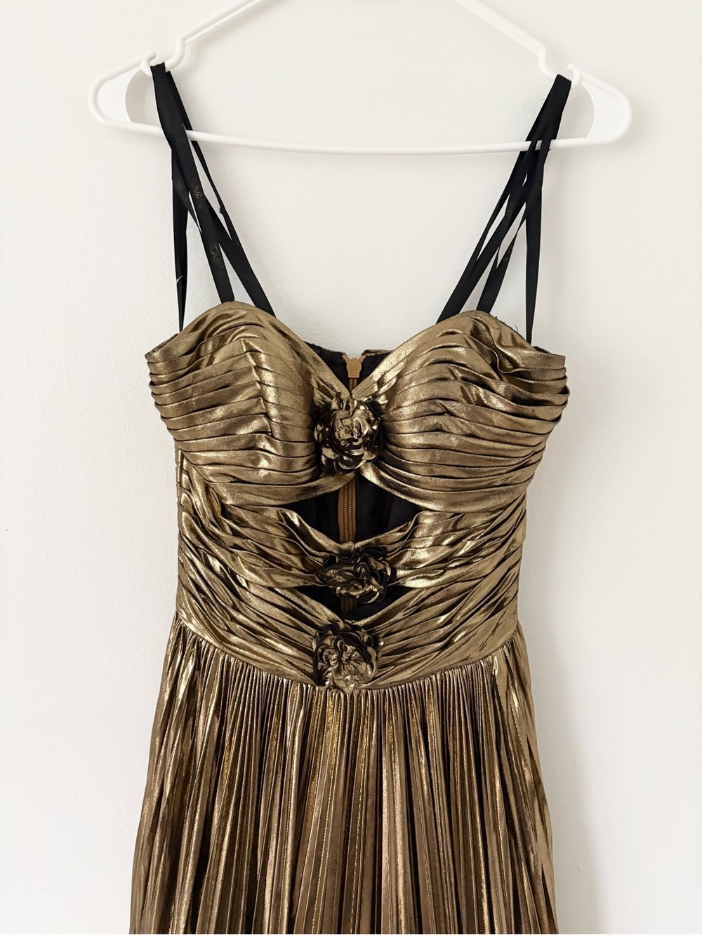 JOVANI Gold Metallic Pleated Strapless Floral Cut Out Prom Gown 42335 Size 0 - Picture 8 of 14